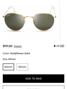 Ray-Ban Women’s Gold Frame Sunglasses with Green Lenses 50MM